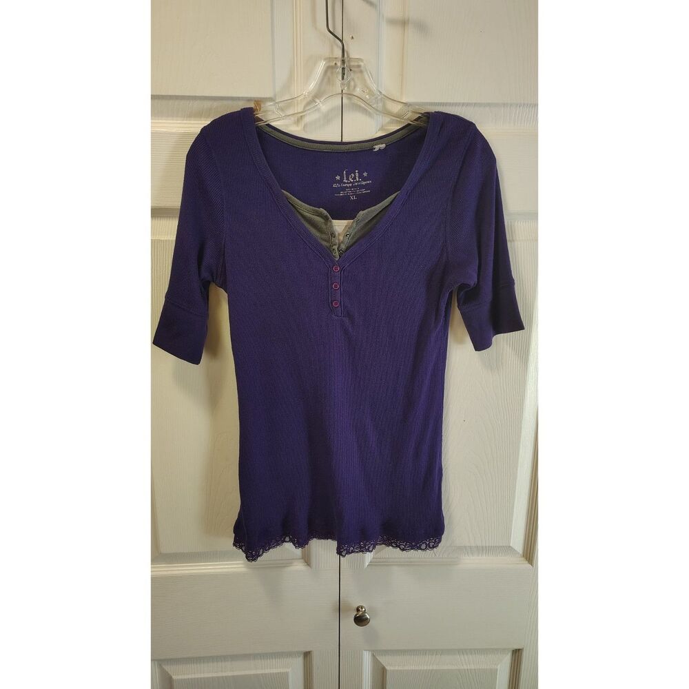 L.e.i. Vintage Y2K Purple Layered Henley Thermal Top Lace Trim Women's XL